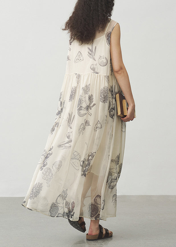 Handmade O Neck Print Patchwork Silk Dresses Sleeveless