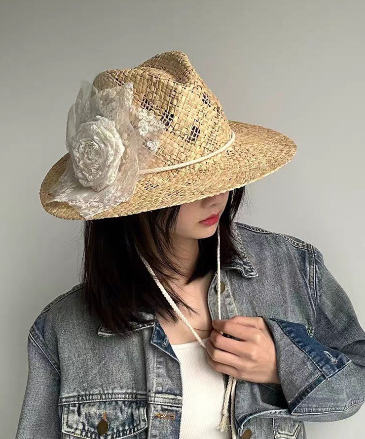 Handmade Original Lace Flower Hollow Out Straw Woven Cowboy Hat