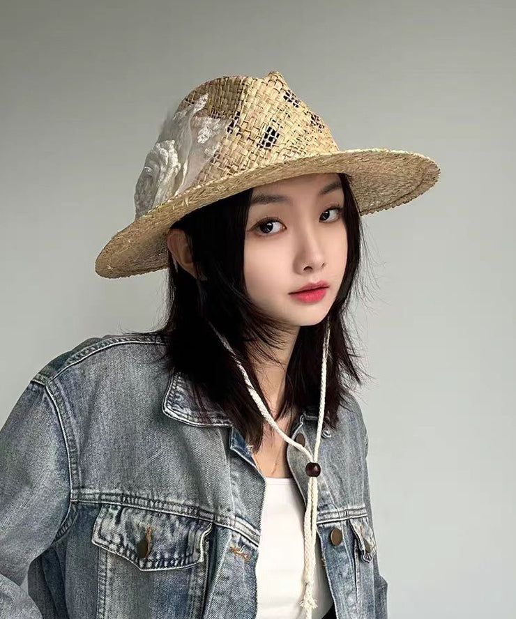 Handmade Original Lace Flower Hollow Out Straw Woven Cowboy Hat