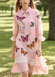 Handmade Pink Butterfly Patchwork Lace Chiffon Shirt Dress Summer