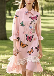 Handmade Pink Butterfly Patchwork Lace Chiffon Shirt Dress Summer