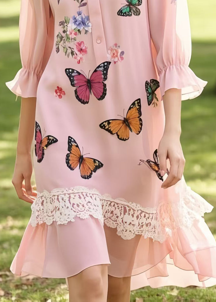 Handmade Pink Butterfly Patchwork Lace Chiffon Shirt Dress Summer