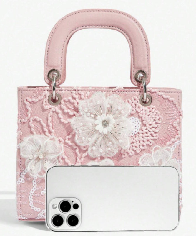 Handmade Pink Embroidered Flower Faux Leather Mini Bag