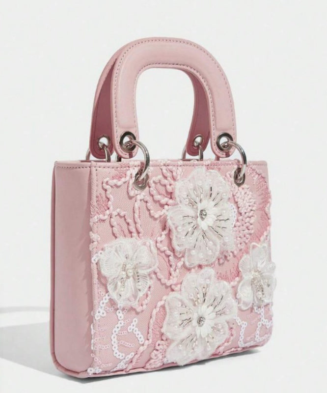 Handmade Pink Embroidered Flower Faux Leather Mini Bag