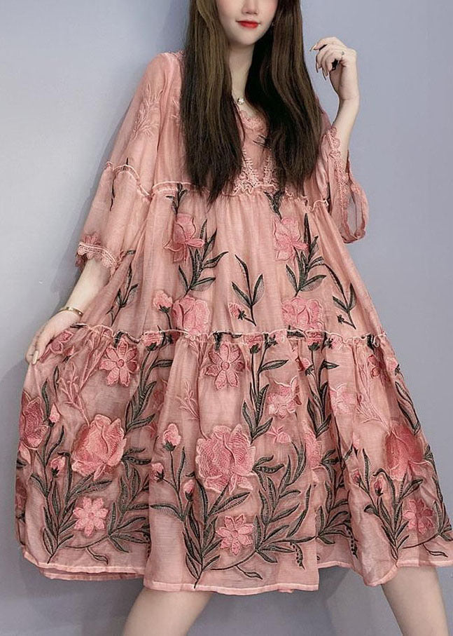 Handmade Pink Embroideried Ruffled Patchwork Robe Dresses Bracelet Sle ...