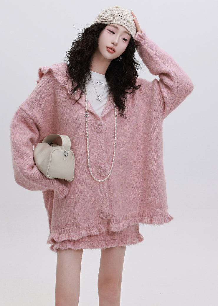 Handmade Pink Ruffled Hooded Knit Loose Two Pieces Set Winter