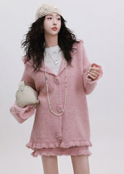 Handmade Pink Ruffled Hooded Knit Loose Two Pieces Set Winter
