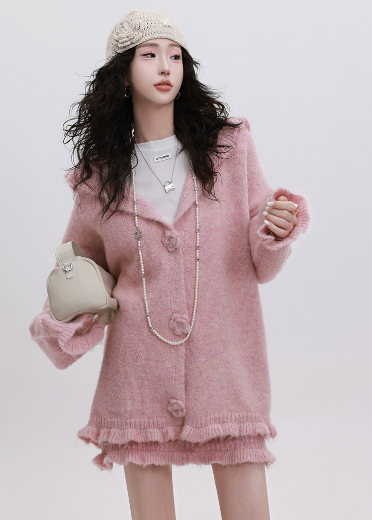 Handmade Pink Ruffled Hooded Knit Loose Two Pieces Set Winter
