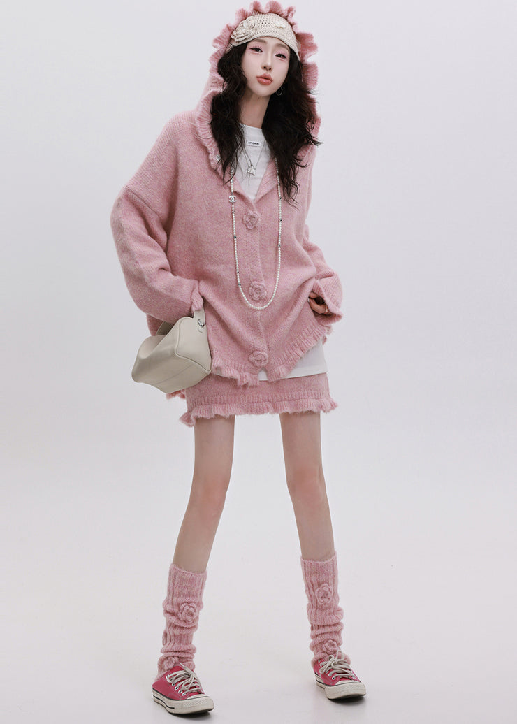 Handmade Pink Ruffled Hooded Knit Loose Two Pieces Set Winter