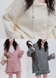 Handmade Pink Ruffled Hooded Knit Loose Two Pieces Set Winter