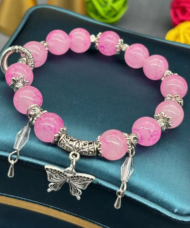 Handmade Pink Sterling Silver Butterfly Glass Bead Charm Bracelet
