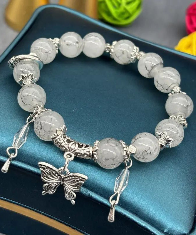 Handmade Pink Sterling Silver Butterfly Glass Bead Charm Bracelet