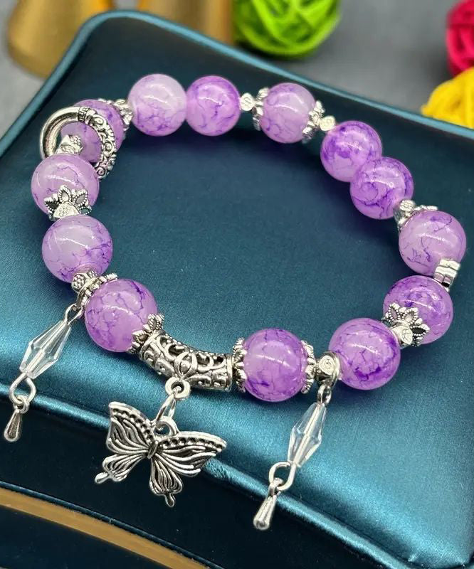 Handmade Pink Sterling Silver Butterfly Glass Bead Charm Bracelet