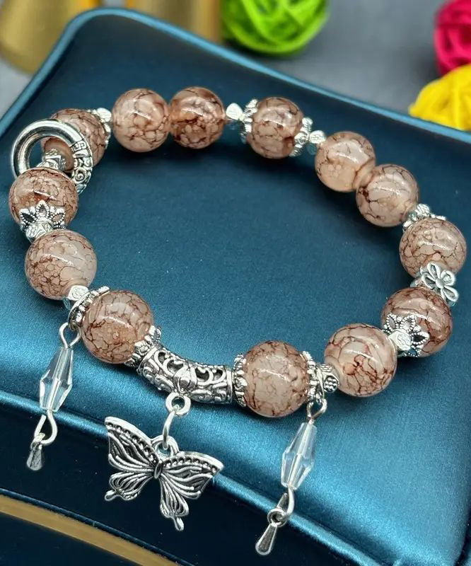 Handmade Pink Sterling Silver Butterfly Glass Bead Charm Bracelet
