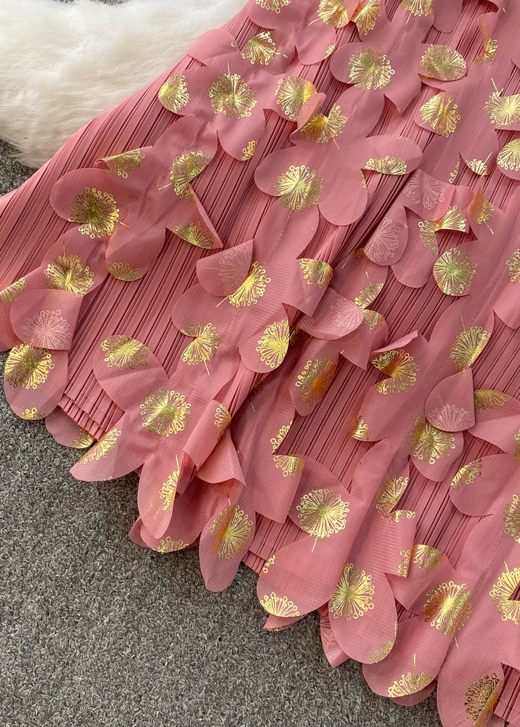 Handmade Pink V Neck Floral Wrinkled Cotton Dresses Summer