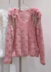 Handmade Pink V Neck Tasseled Hollow Out Knit Sweaters Fall