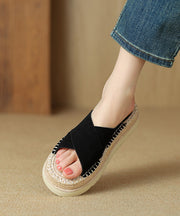 Handmade Platform Black Cowhide Leather Cross Strap Slide Sandals