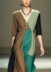 Handmade Polychrome Asymmetrical Patchwork Cotton Dress Half Sleeve