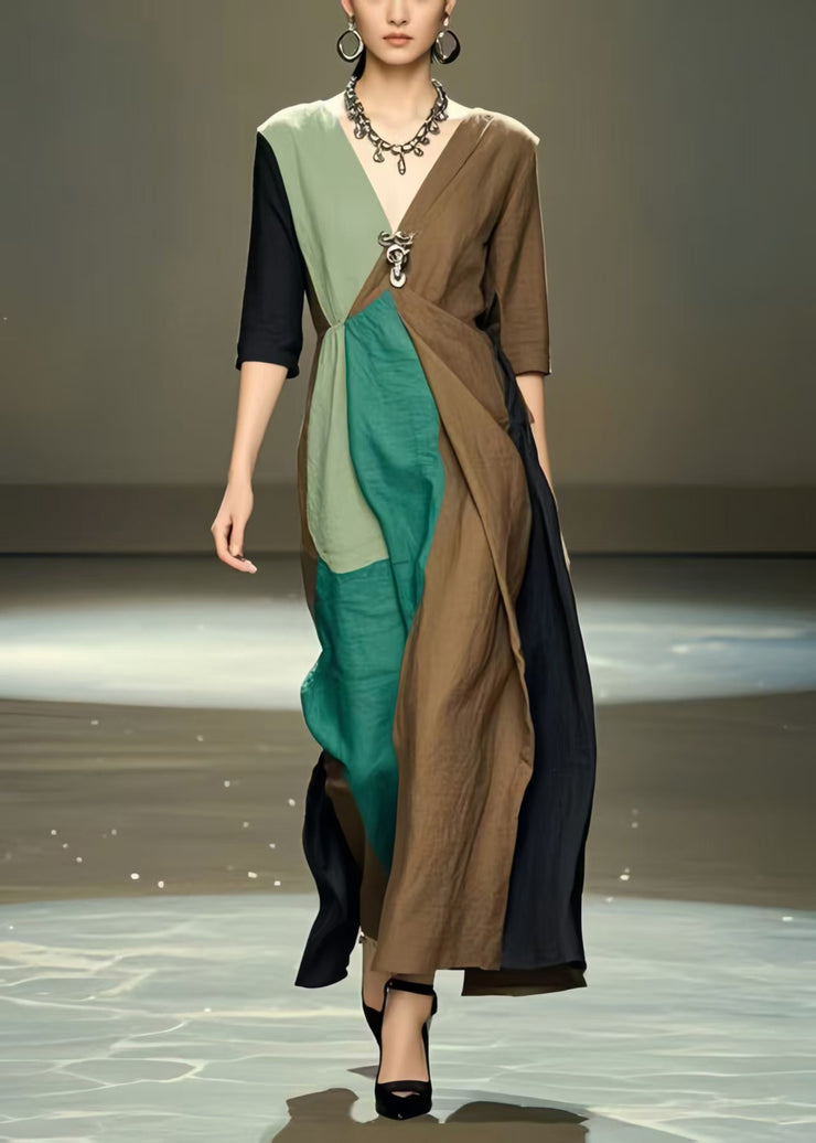 Handmade Polychrome Asymmetrical Patchwork Cotton Dress Half Sleeve