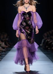 Handmade Purple Cold Shoulder Patchwork Tulle Silk Velvet Vestidos Dress Spring