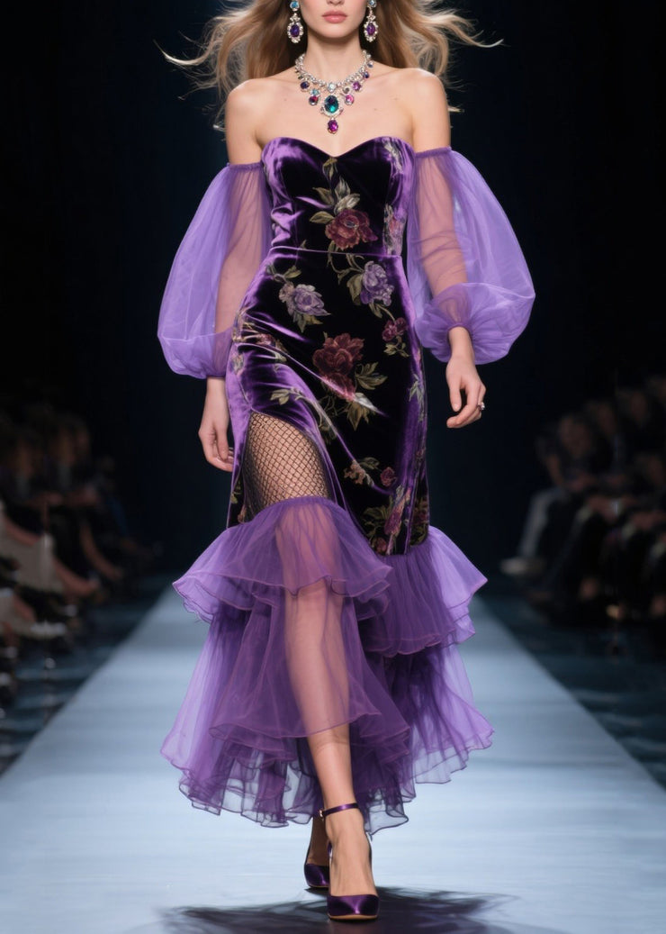 Handmade Purple Cold Shoulder Patchwork Tulle Silk Velvet Vestidos Dress Spring