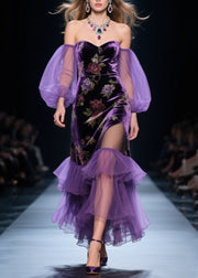 Handmade Purple Cold Shoulder Patchwork Tulle Silk Velvet Vestidos Dress Spring