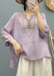Handmade Purple Embroidered Linen Loose Shirts Bracelet Sleeve
