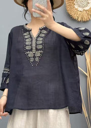 Handmade Purple Embroidered Linen Loose Shirts Bracelet Sleeve