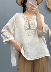 Handmade Purple Embroidered Linen Loose Shirts Bracelet Sleeve