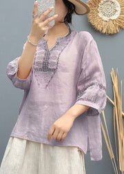 Handmade Purple Embroidered Linen Loose Shirts Bracelet Sleeve