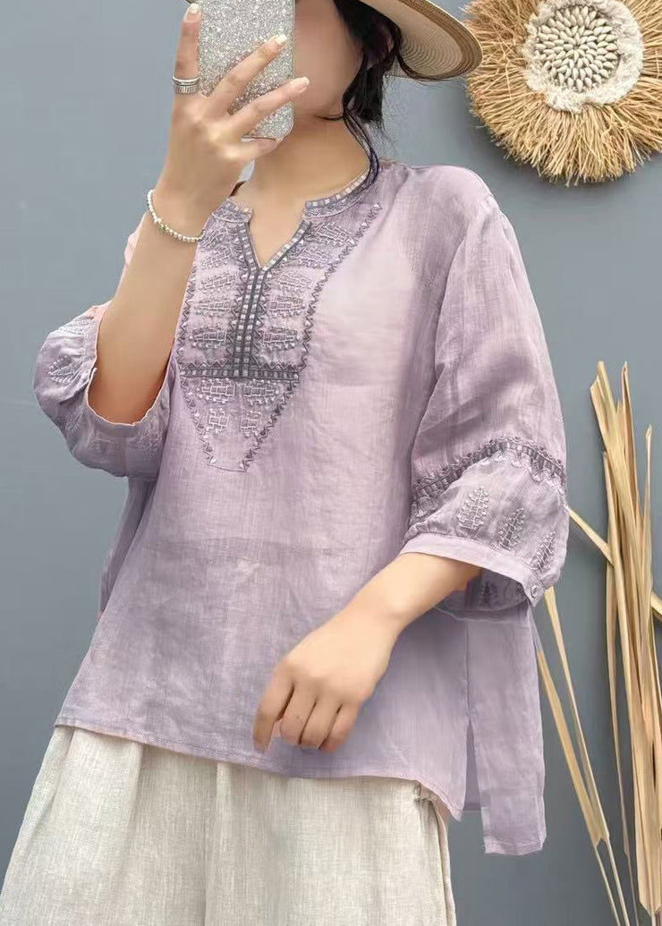 Handmade Purple Embroidered Linen Loose Shirts Bracelet Sleeve