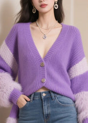Handmade Purple Oversized Patchwork Faux Fur Knit Cardigans Winter
