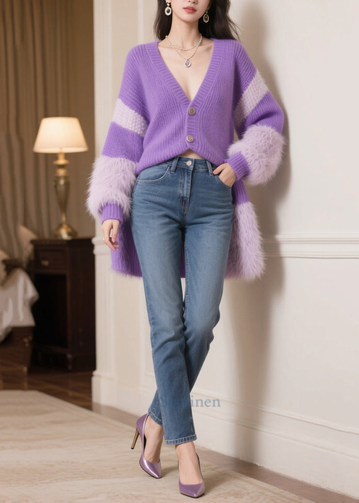 Handmade Purple Oversized Patchwork Faux Fur Knit Cardigans Winter