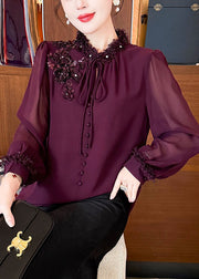 Handmade Purple Sequins Lace Up Chiffon Shirts Fall