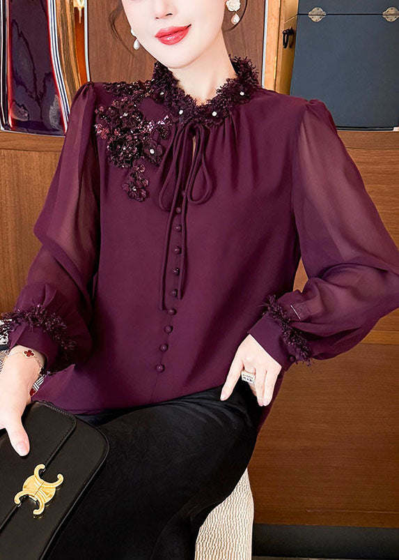 Handmade Purple Sequins Lace Up Chiffon Shirts Fall