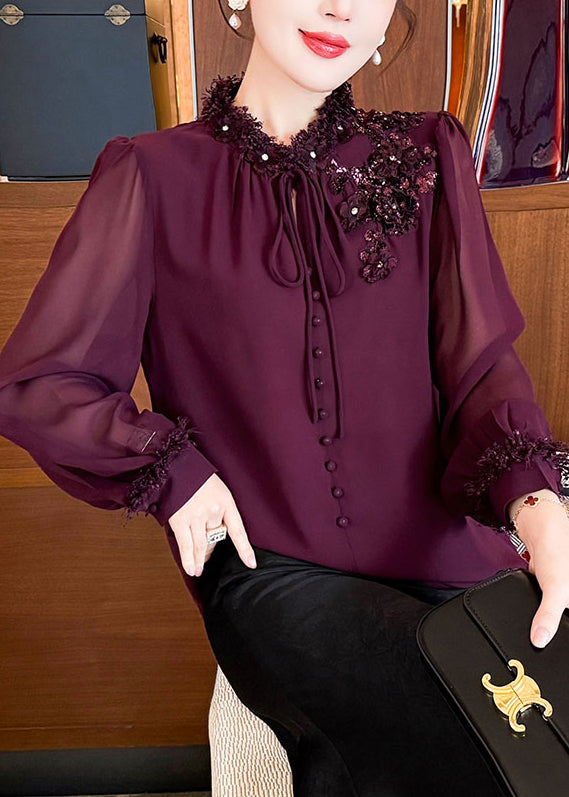 Handmade Purple Sequins Lace Up Chiffon Shirts Fall