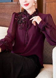 Handmade Purple Sequins Lace Up Chiffon Shirts Fall