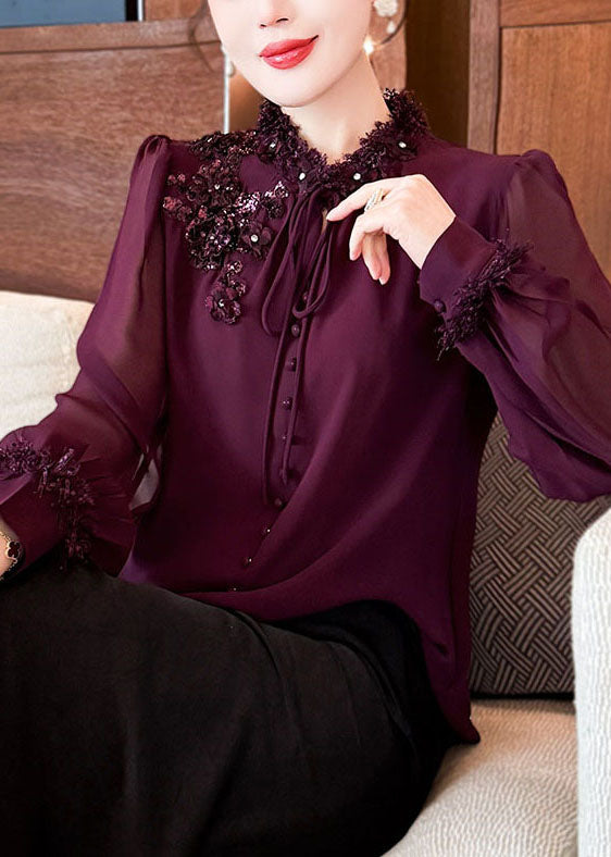 Handmade Purple Sequins Lace Up Chiffon Shirts Fall