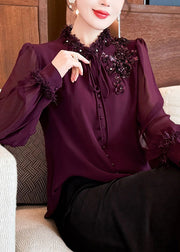 Handmade Purple Sequins Lace Up Chiffon Shirts Fall