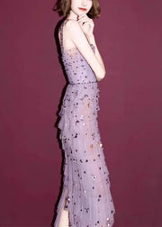 Handmade Purple Wrinkled Side Open Tulle Ankle Dress Sleeveless