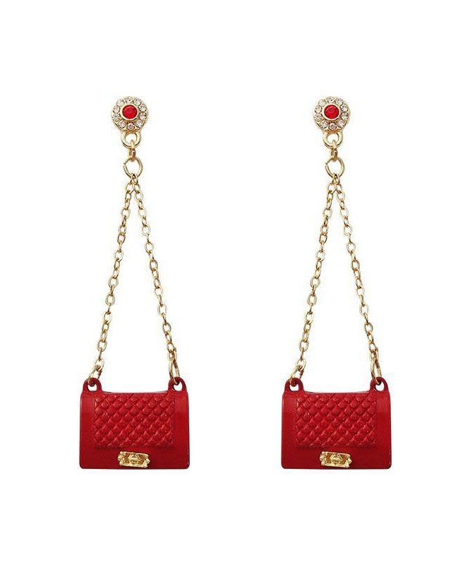 Handmade Red Handbag Zircon Tassel Metal Stud Earrings
