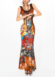 Handmade Red O-Neck Print Maxi Fishtail Dresses Summer