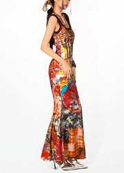 Handmade Red O-Neck Print Maxi Fishtail Dresses Summer