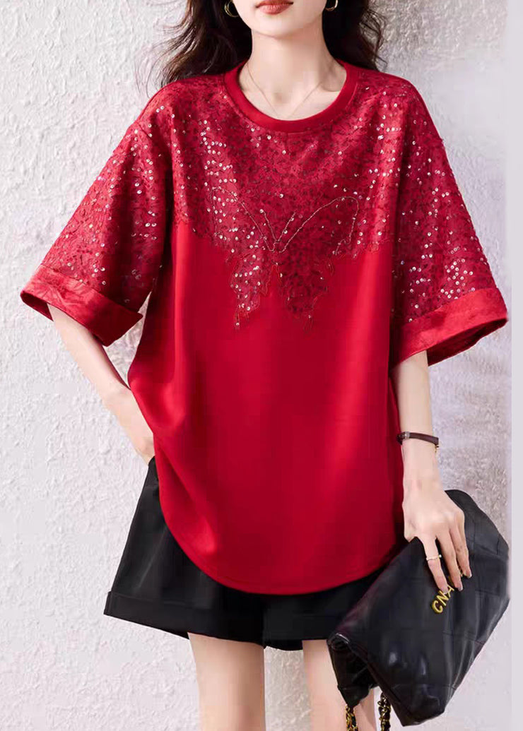 Handmade Red O Neck Sequins Cotton T Shirt Summer