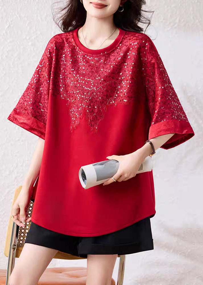 Handmade Red O Neck Sequins Cotton T Shirt Summer