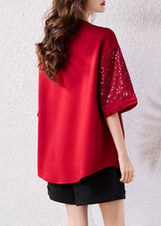 Handmade Red O Neck Sequins Cotton T Shirt Summer