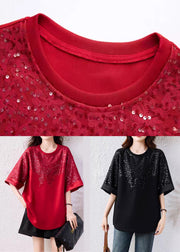 Handmade Red O Neck Sequins Cotton T Shirt Summer