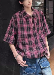 Handmade Red Plaid Zippered Zircon Cotton Men Shirts Half Sleeve