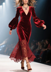Handmade Red V Neck Lace Patchwork Velvet Dresses Fall