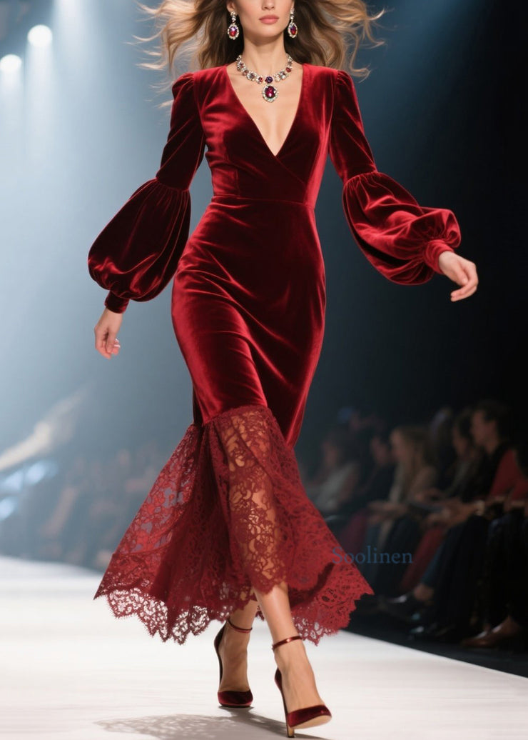 Handmade Red V Neck Lace Patchwork Velvet Dresses Fall